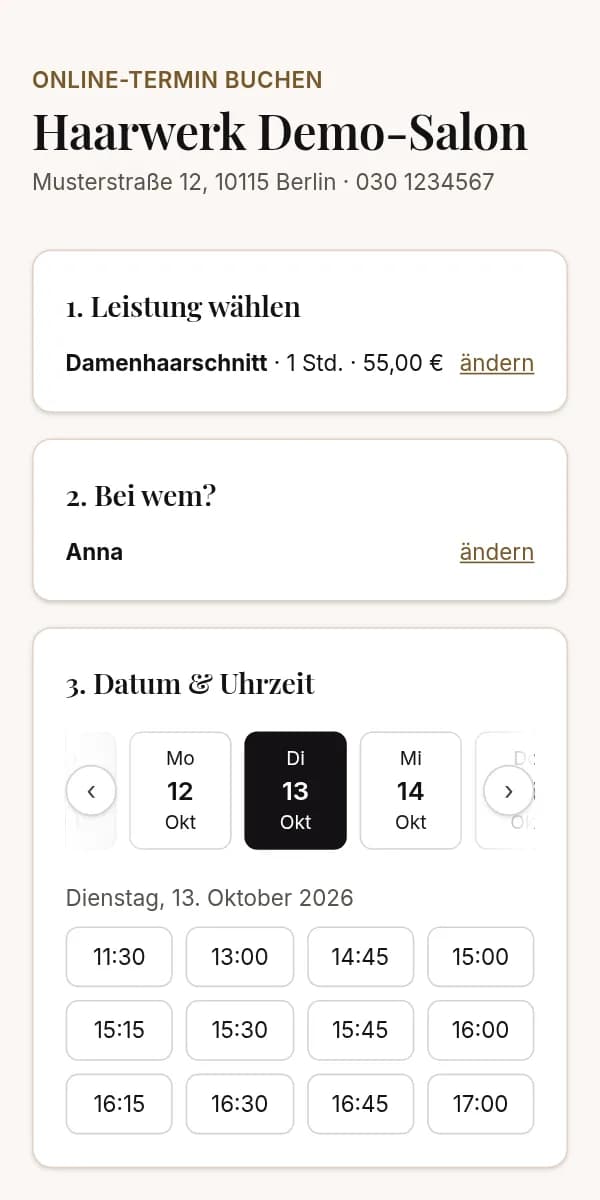 Buchungsseite auf dem Smartphone mit freien Uhrzeiten