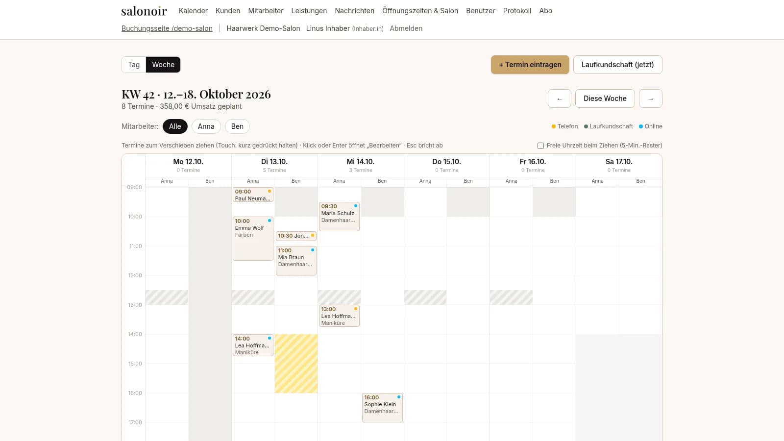 Wochenkalender in der Salon-Verwaltung: Termine von Anna und Ben, farbig nach Buchungsweg